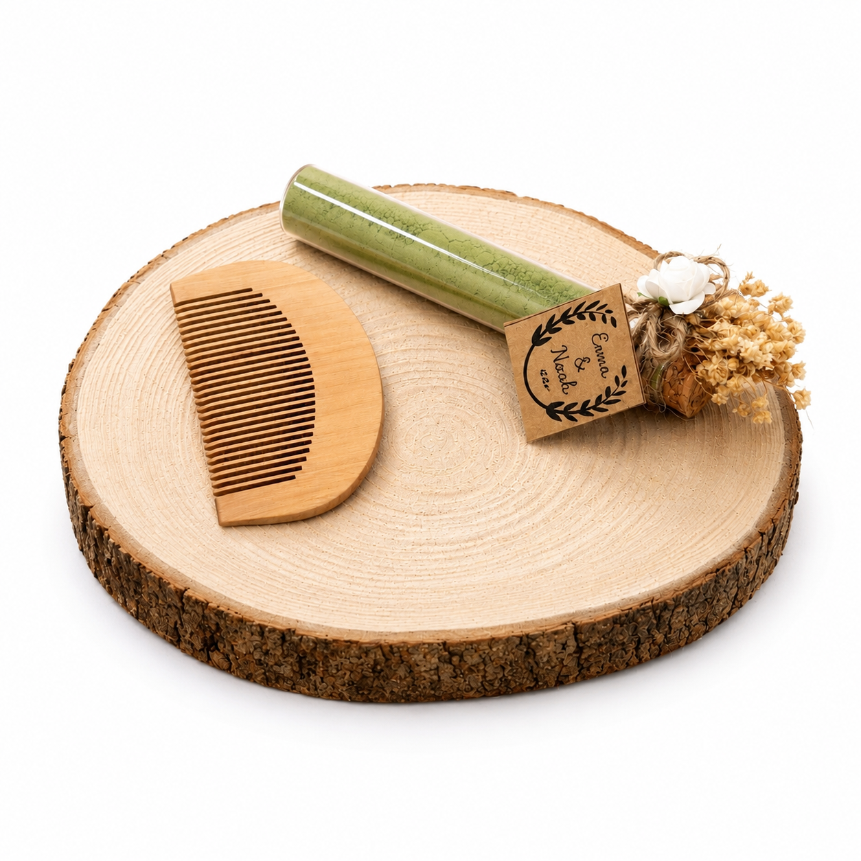 Personalisierter Mini-Holzkamm mit Henna-Glasröhrchen und Trockenblumen