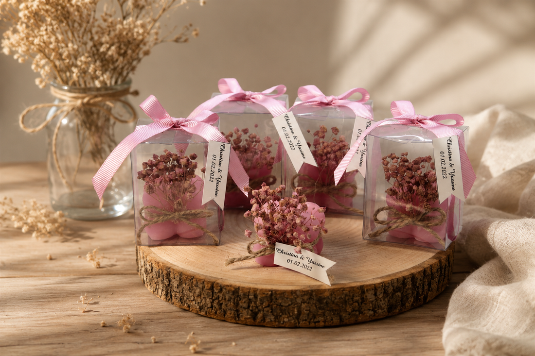 Personalisierte rosa Bubble Kerze mit Geschenkbox und Trockenblumen