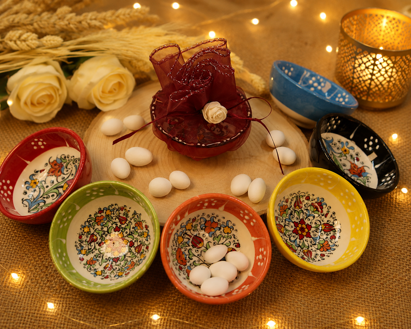 Keramikschale mit Zuckermandeln, Organza und Schleife als Gastgeschenk