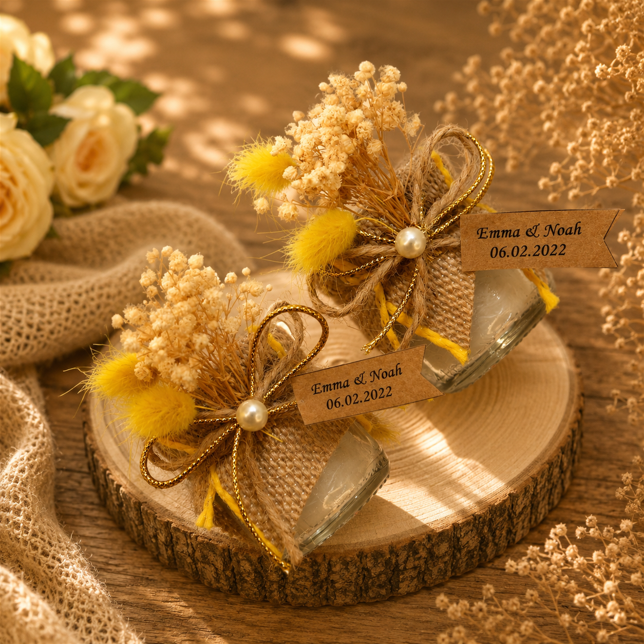 Personalisierte Kerze im Glas mit Jute und Trockenblumen Gastgeschenk