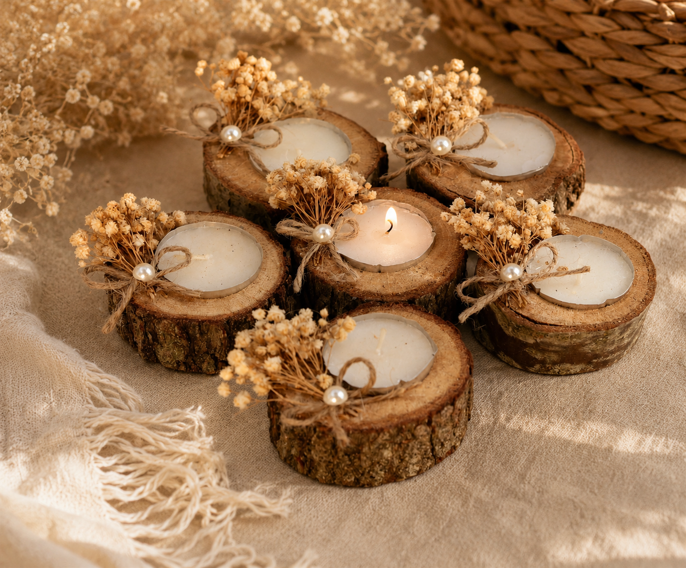 Kleine Kerze in natürlicher Holzscheibe mit Trockenblumen und Perle