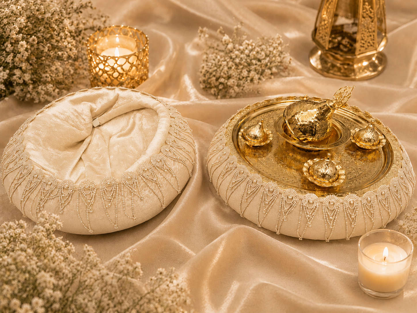 Bordeauxrotes Henna Tablett Set mit Strassbordüre &amp; goldfarbenen Behältern