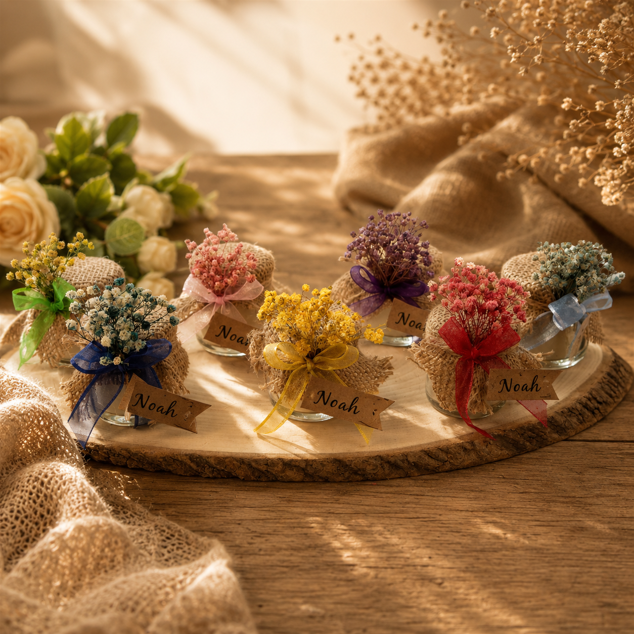 Personalisiertes Mini Glas Gastgeschenk mit Jute und Trockenblumen