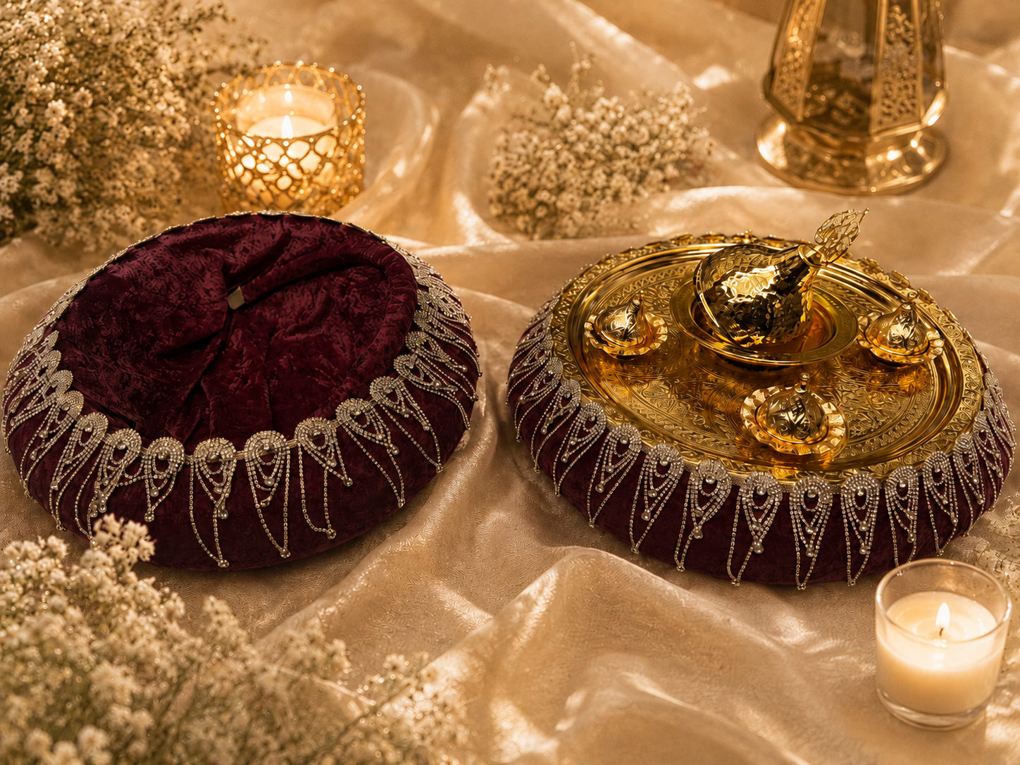 Bordeauxrotes Henna Tablett Set mit Strassbordüre &amp; goldfarbenen Behältern