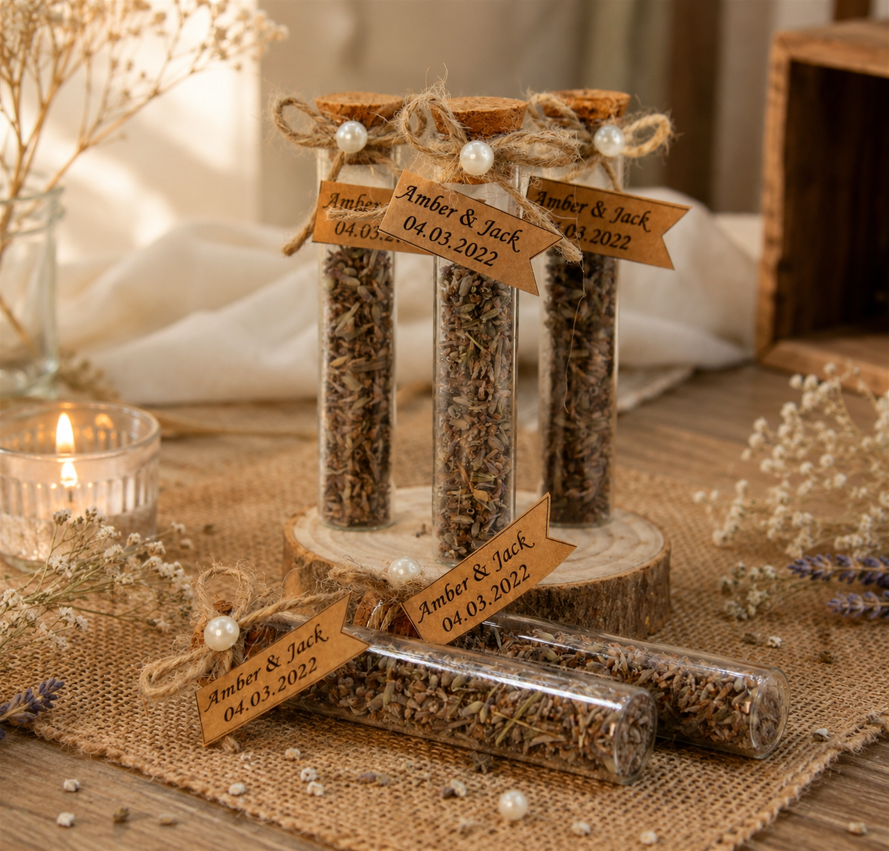 Personalisierte Lavendelröhrchen mit Korken für Hochzeit und Taufe