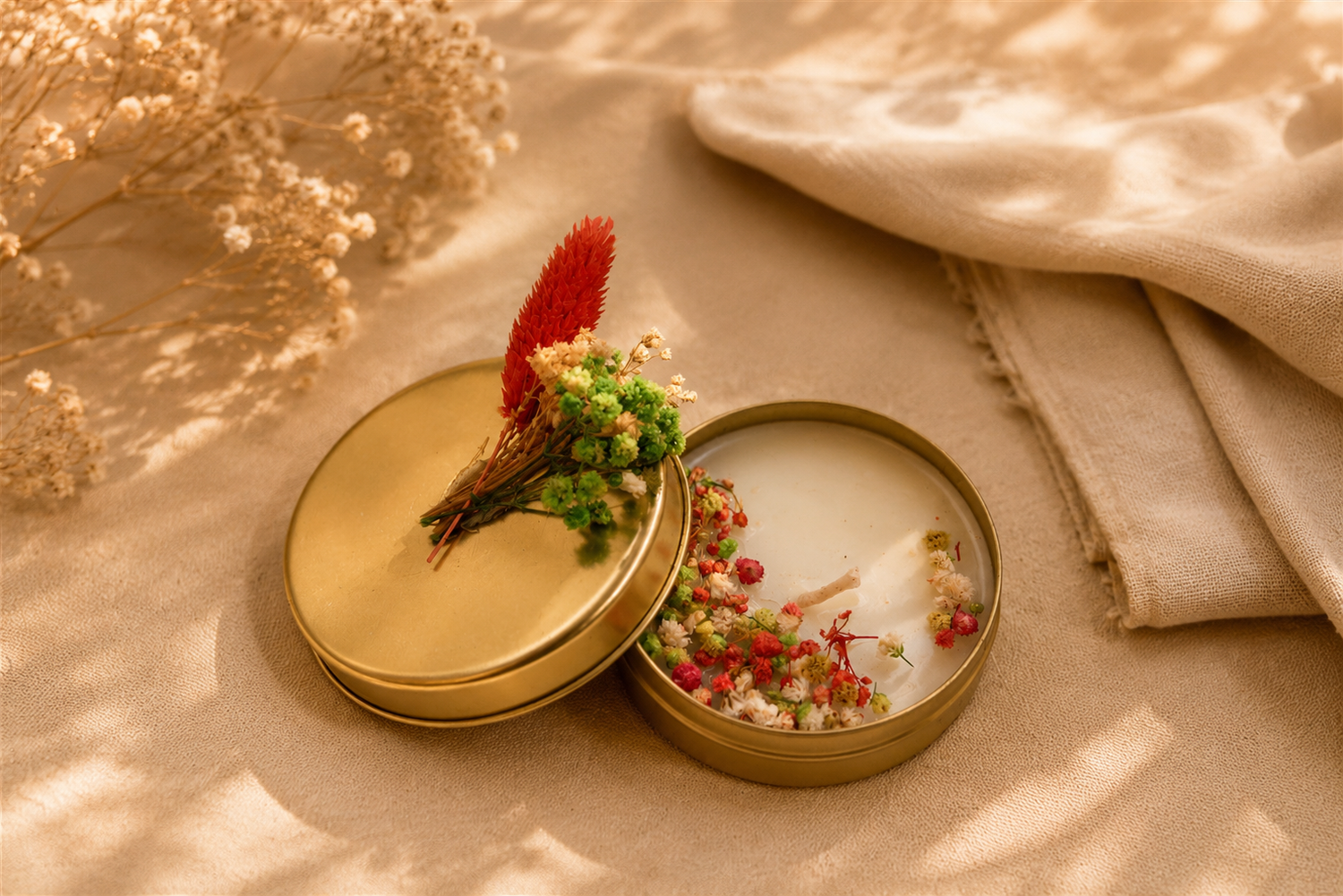 Kerze in goldener Metalldose mit Trockenblumen und Deckel