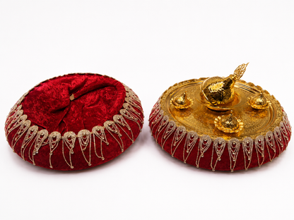 Bordeauxrotes Henna Tablett Set mit Strassbordüre &amp; goldfarbenen Behältern