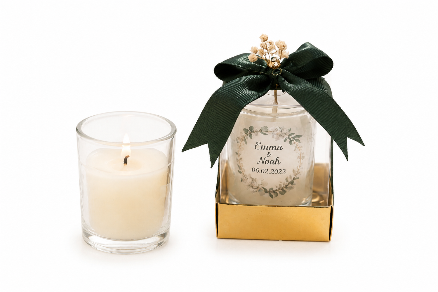 Personalisierte Kerze im Glas mit Geschenkbox und gruener Schleife