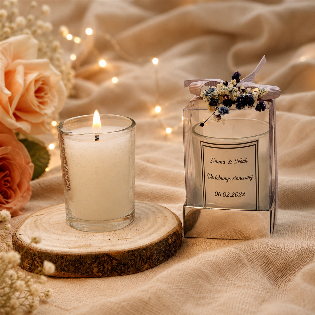 Personalisierte Kerze im Glas mit Geschenkbox und Trockenblumen