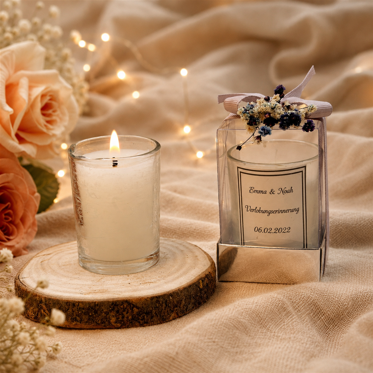 Personalisierte Kerze im Glas mit Geschenkbox und Trockenblumen