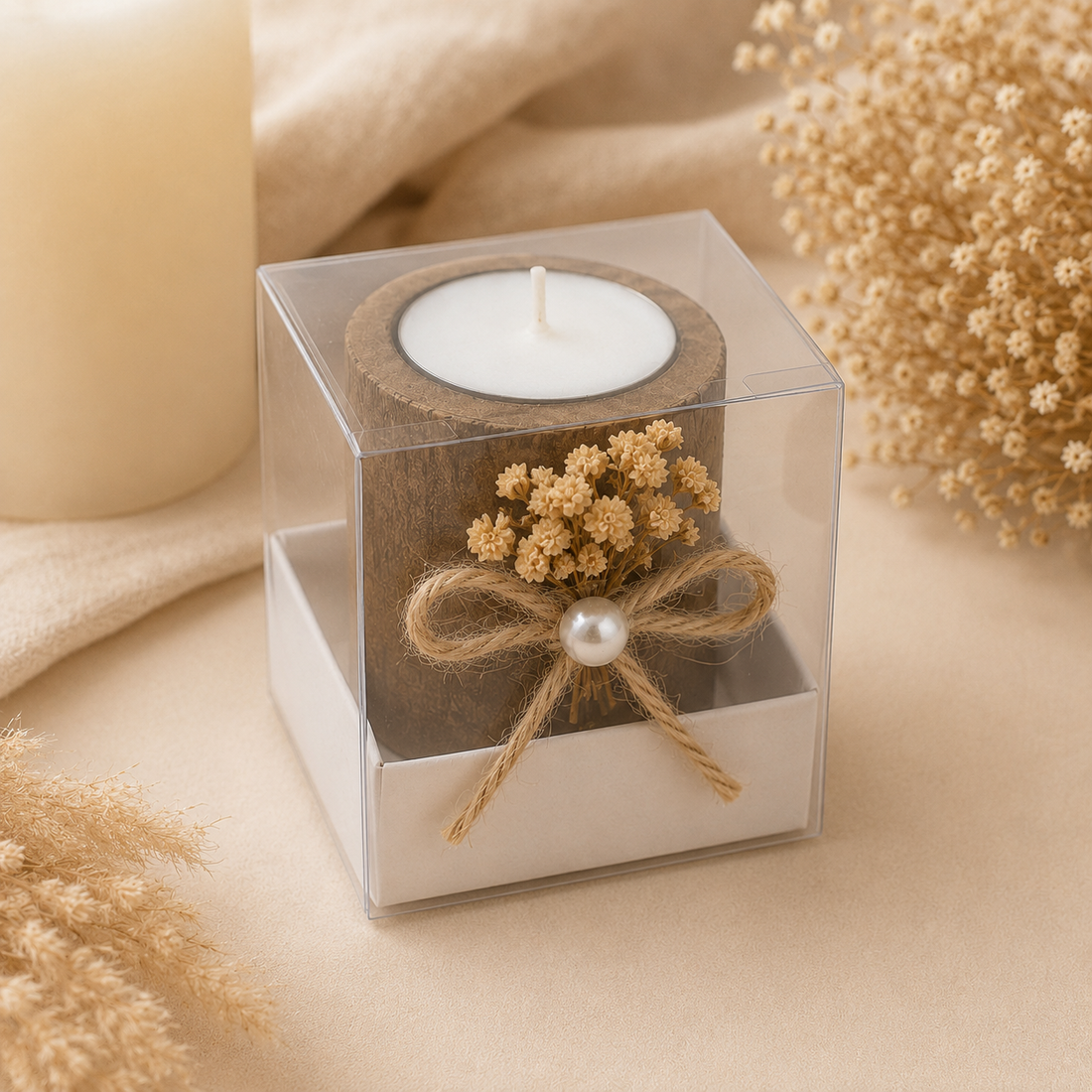 Weiße Kerze im Baumstamm-Kerzenhalter mit transparenter Geschenkbox