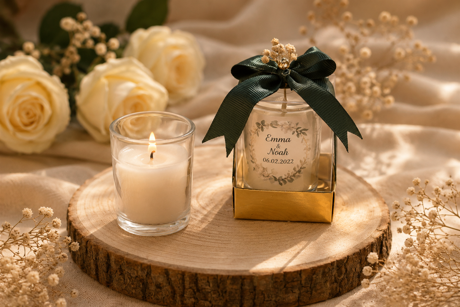 Personalisierte Kerze im Glas mit Geschenkbox und gruener Schleife