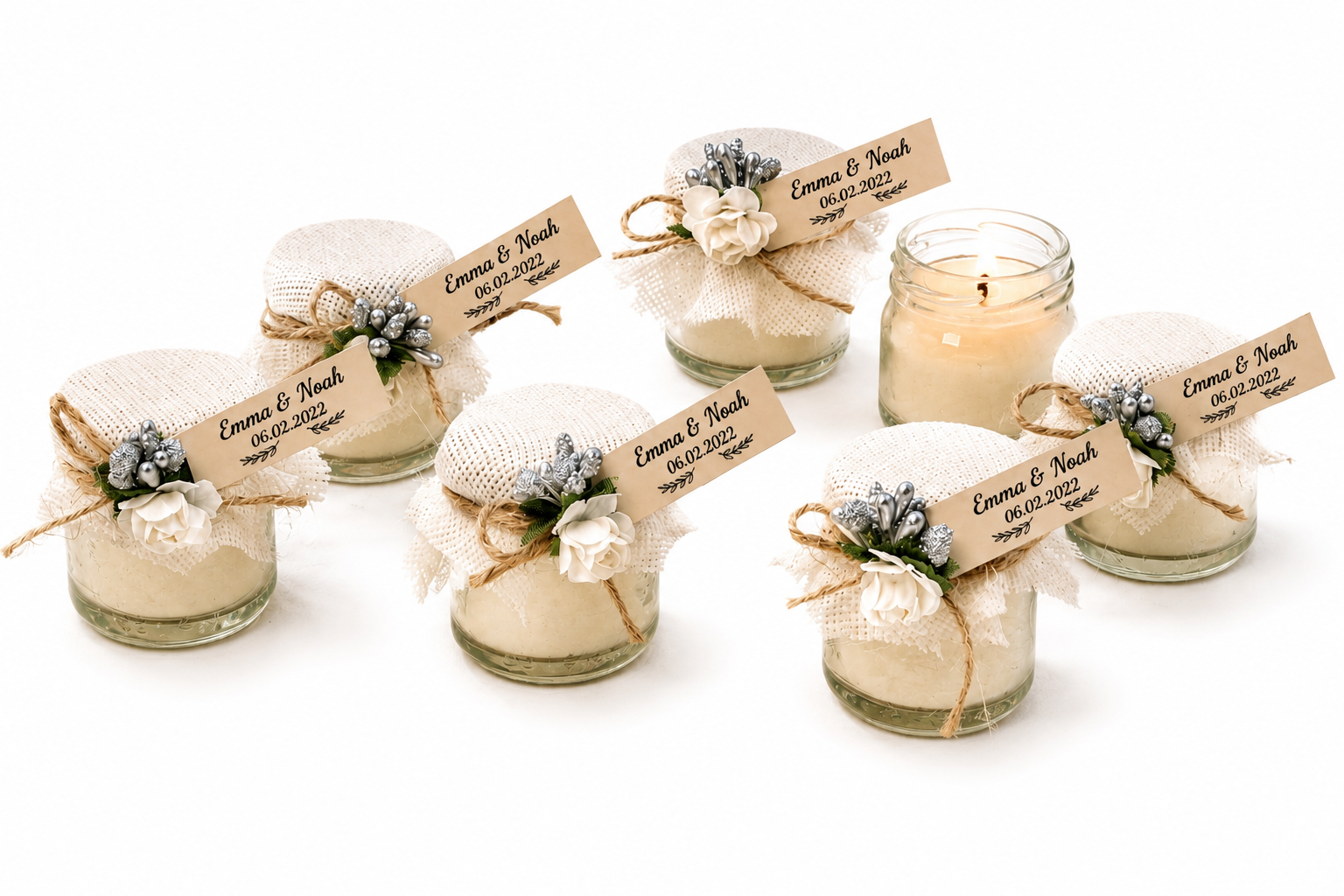 Personalisierte Kerze im Mini Glas mit Stoffdeckel, Jute und Namensetikett