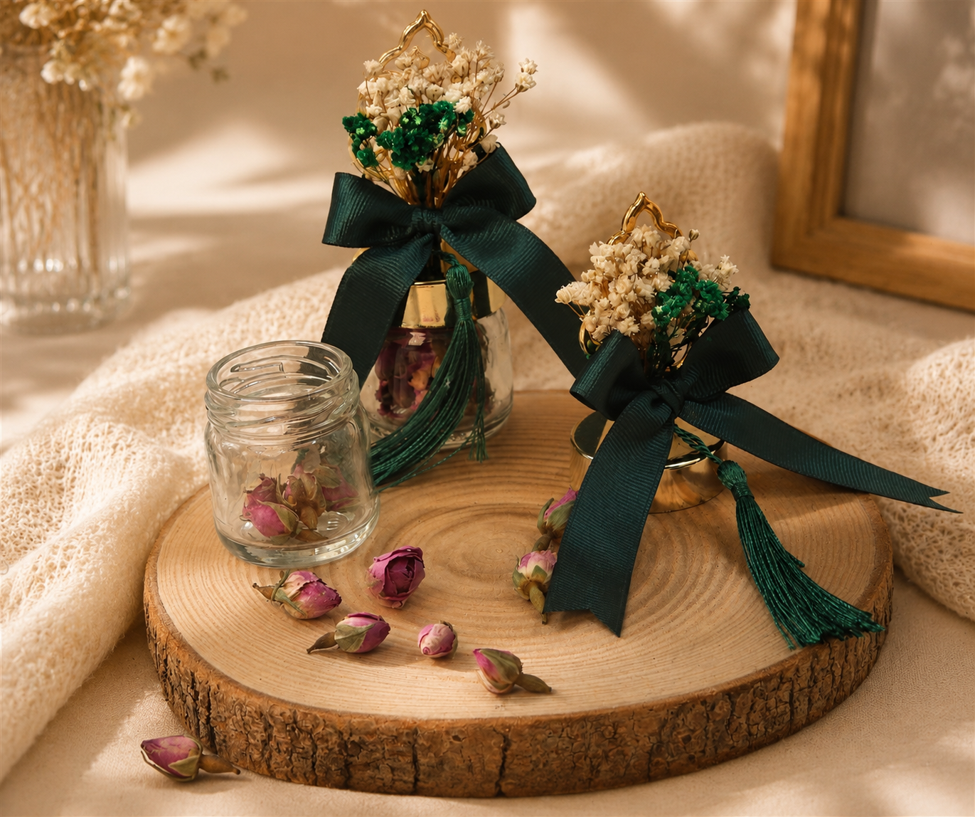 Personalisiertes Glasfläschchen mit getrockneten Rosenknospen, grüner Schleife und Trockenblumen