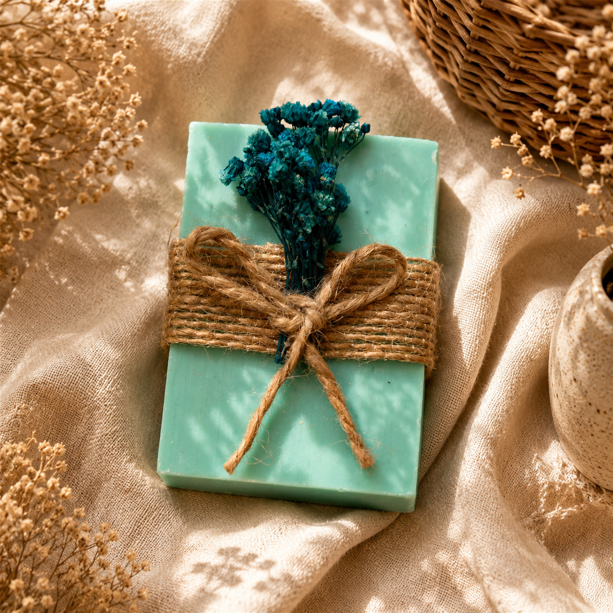 Lavendelseife in Tuerkis mit Juteband und blauen Trockenblumen