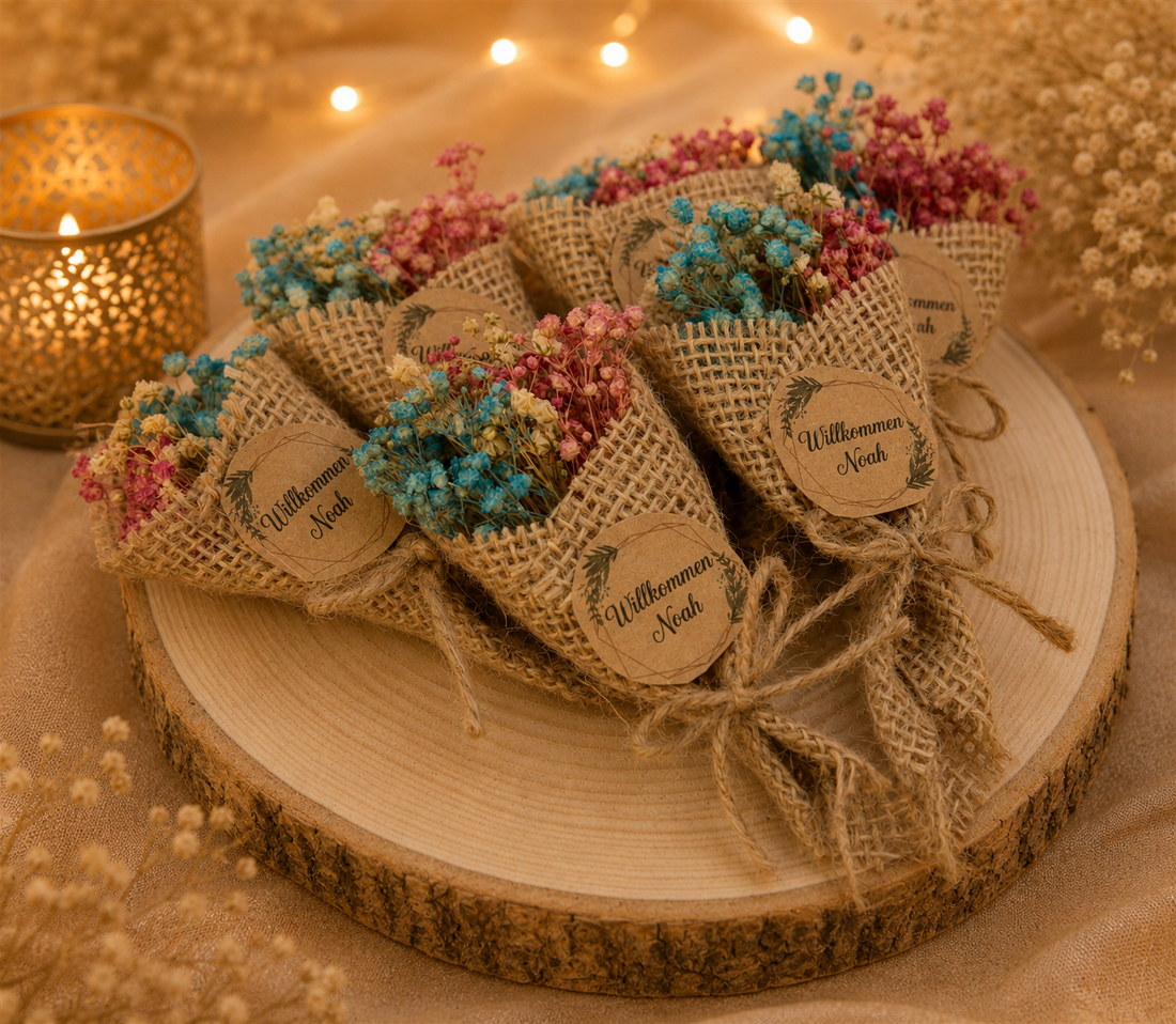 Personalisierte Jute Gastgeschenke mit Trockenblumen und Namensetikett