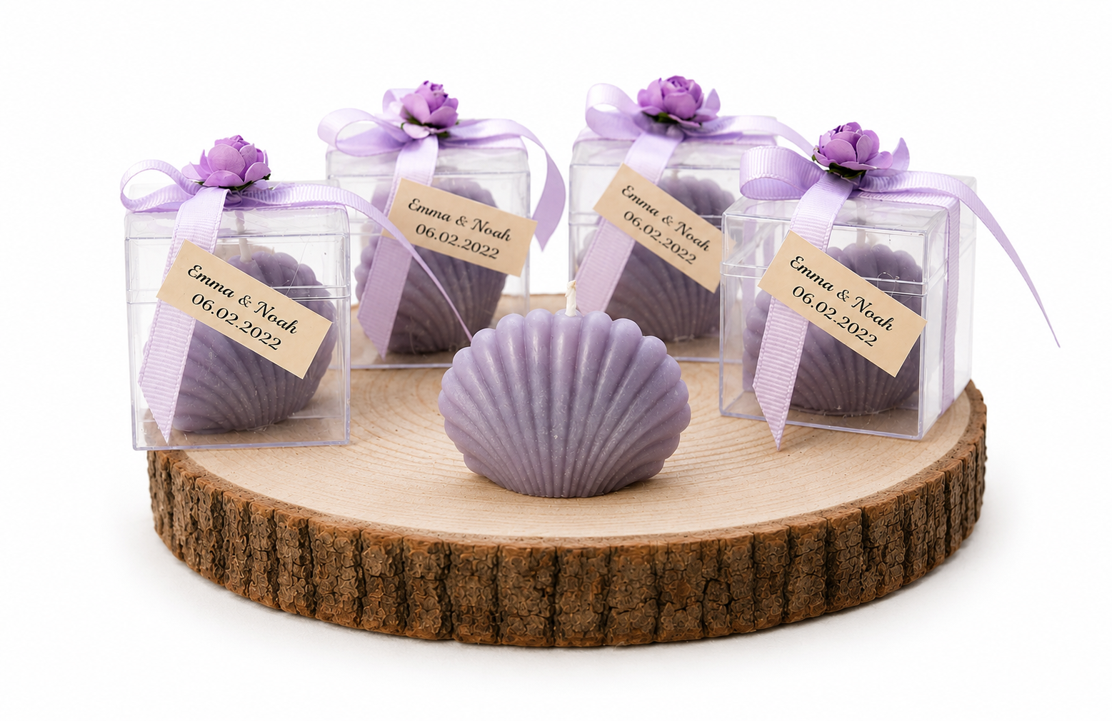 Personalisierte lila Muschelkerze mit Geschenkbox und Blumen Schleife