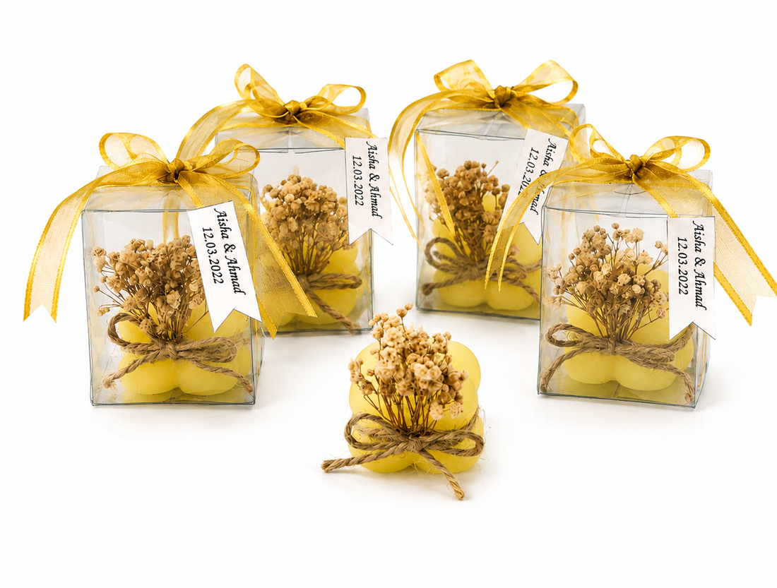 Personalisierte gelbe Bubble Kerze mit Geschenkbox und goldener Schleife