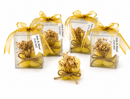 Personalisierte gelbe Bubble Kerze mit Geschenkbox und goldener Schleife