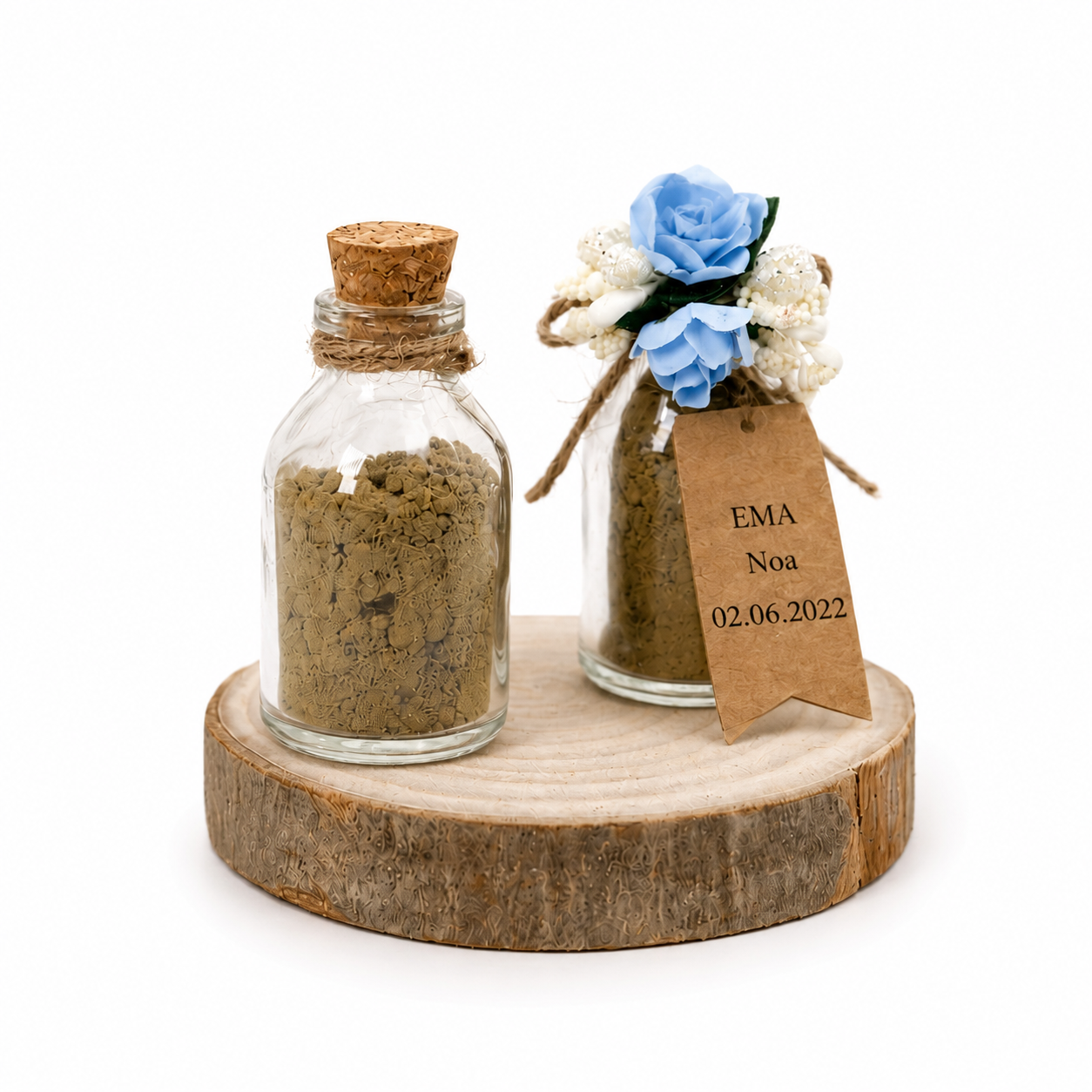 Personalisiertes Henna Pulver im Mini Glas mit blauer Blumendeko und Korkdeckel