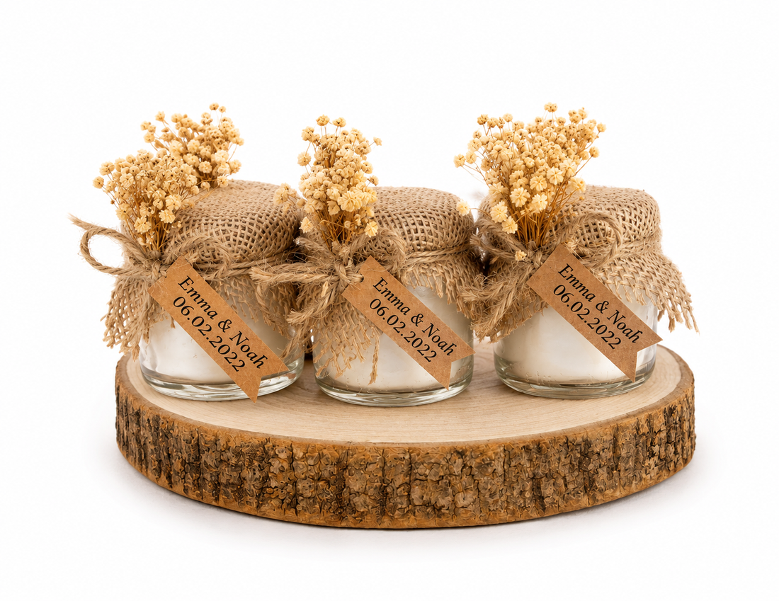 Personalisierte Kerze im Glas mit Jute, Trockenblumen und Namensschild