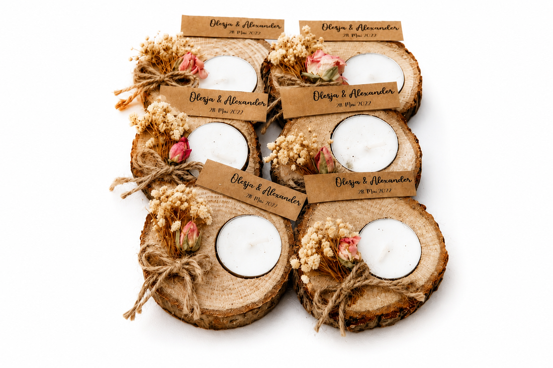 Personalisiertes Teelicht auf Holzscheibe mit Trockenblumen – Rustikales Gastgeschenk