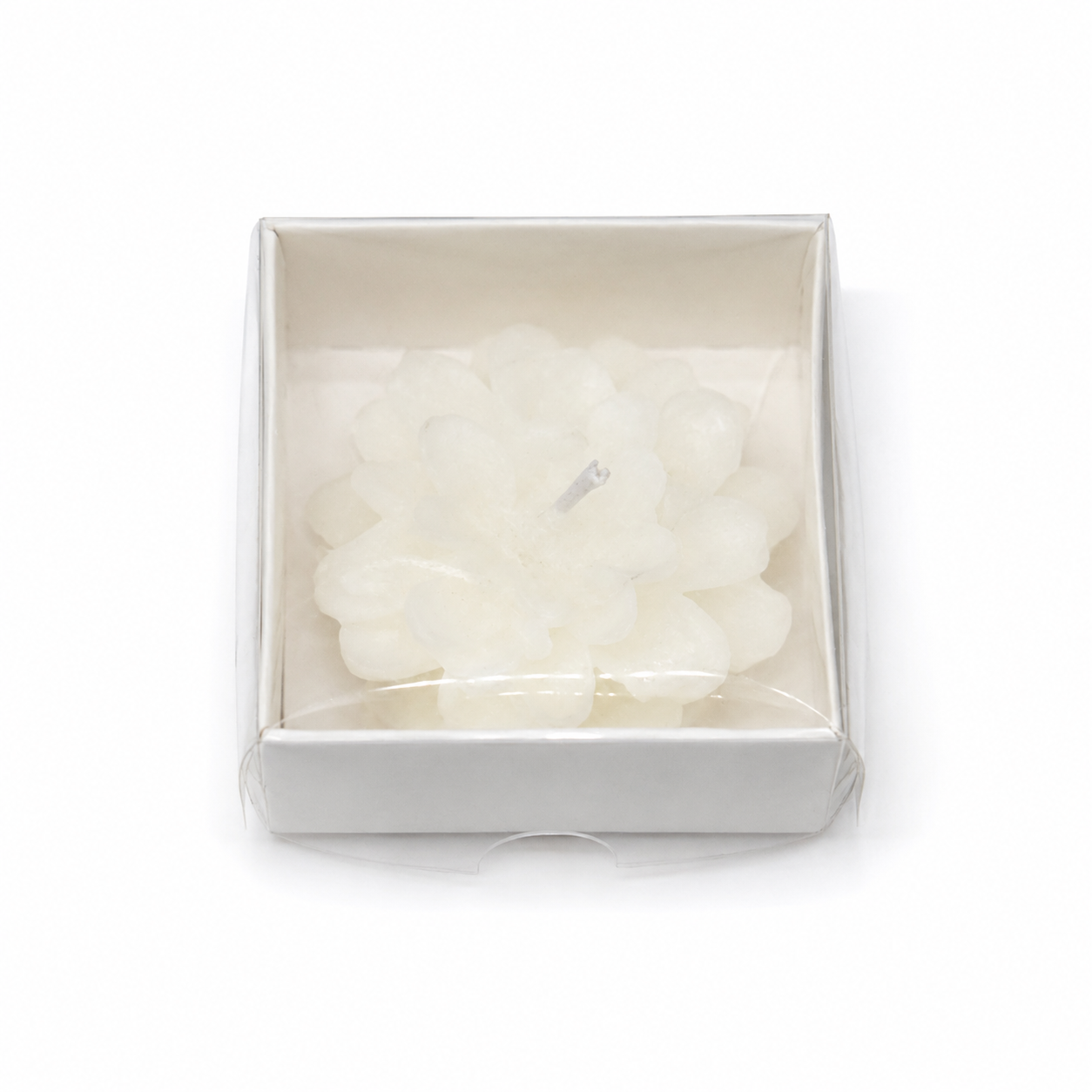 Weiße Blütenkerze in heller Geschenkbox