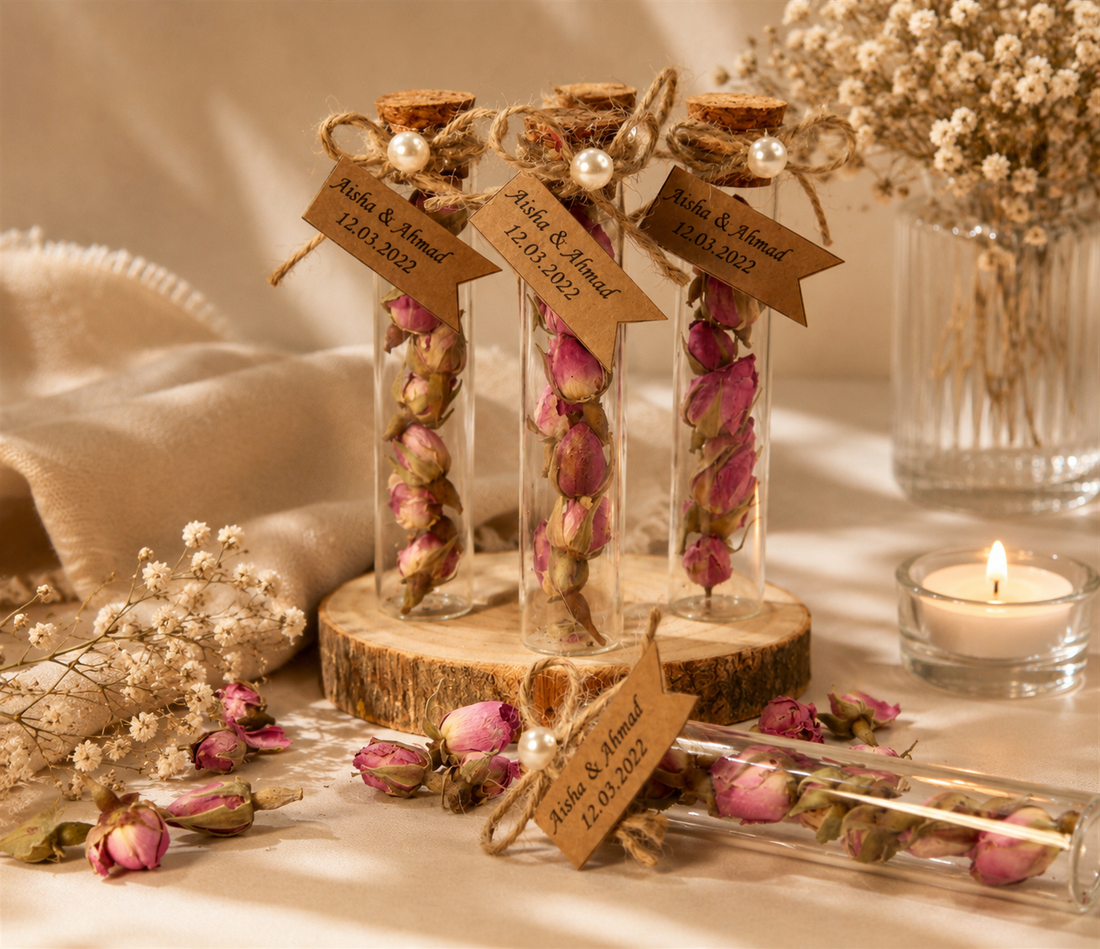 Personalisierte Glasröhrchen mit getrockneten Rosenknospen und Namensschild