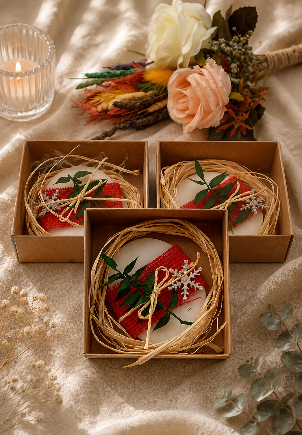 Ovale Lavendelseife in Kraftpapierbox mit rotem Band und Naturdekor