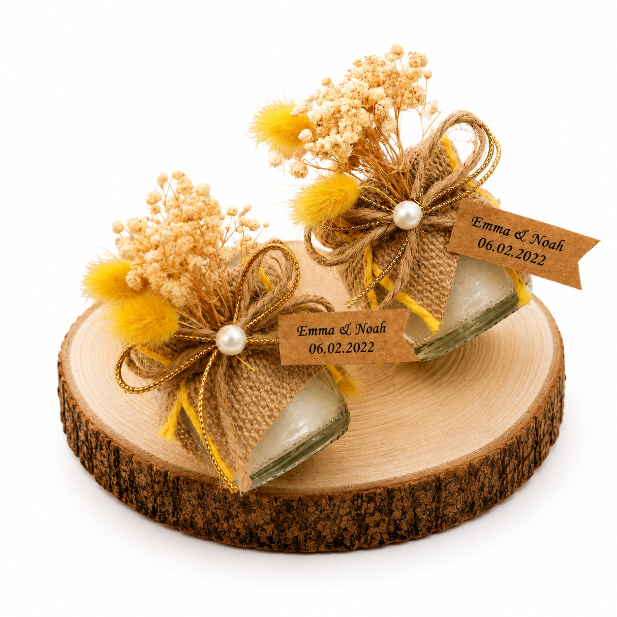Personalisierte Kerze im Glas mit Jute und Trockenblumen Gastgeschenk