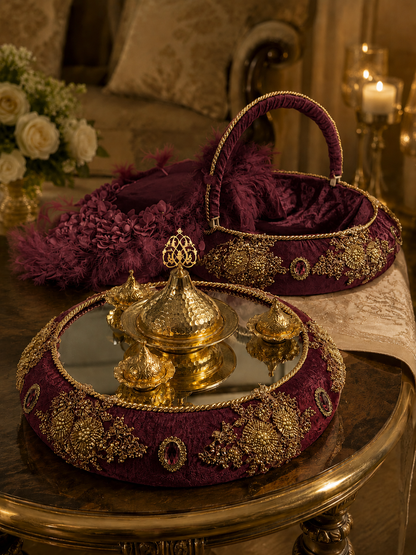 3-teiliges Henna Set mit Tablett, Korb und Braut-Tamburin in Creme Gold