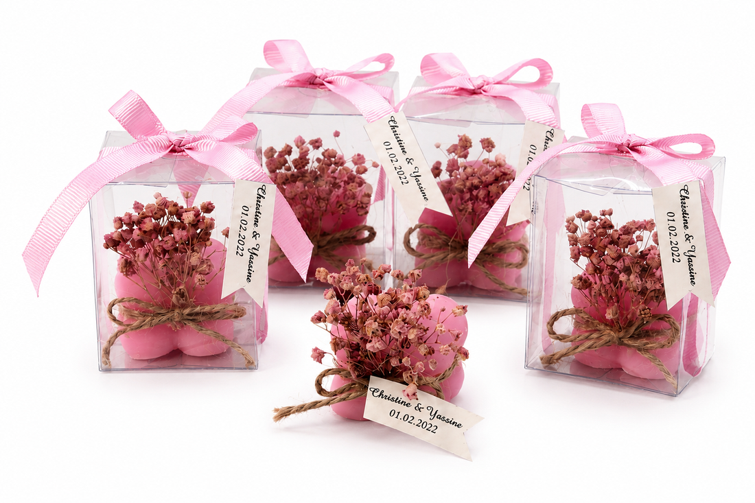 Personalisierte rosa Bubble Kerze mit Geschenkbox und Trockenblumen