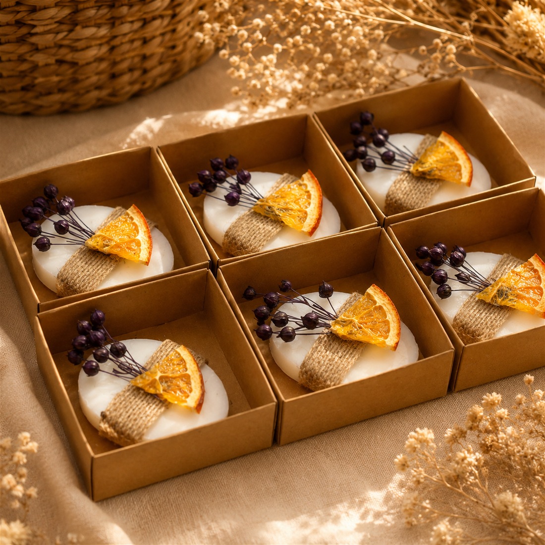 Ovale Lavendelseife in Kraftpapierbox mit getrockneter Orange und Trockenblumen
