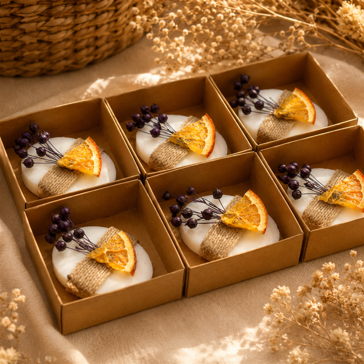 Ovale Lavendelseife in Kraftpapierbox mit getrockneter Orange und Trockenblumen