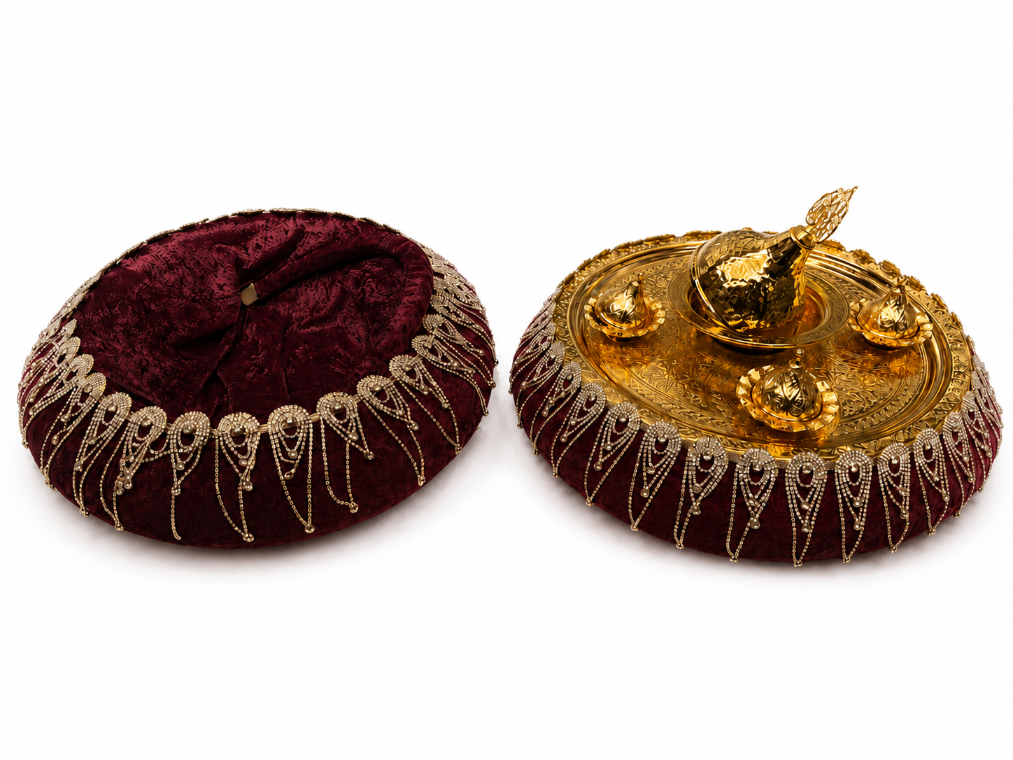 Bordeauxrotes Henna Tablett Set mit Strassbordüre &amp; goldfarbenen Behältern