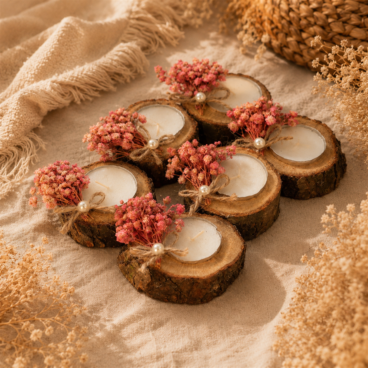 Rustikale Teelichtkerze in Holzscheibe mit rosa Trockenblumen und Perle