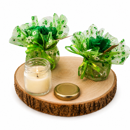 Kerze im Mini Glas mit grüner Organzasäckchen-Verpackung