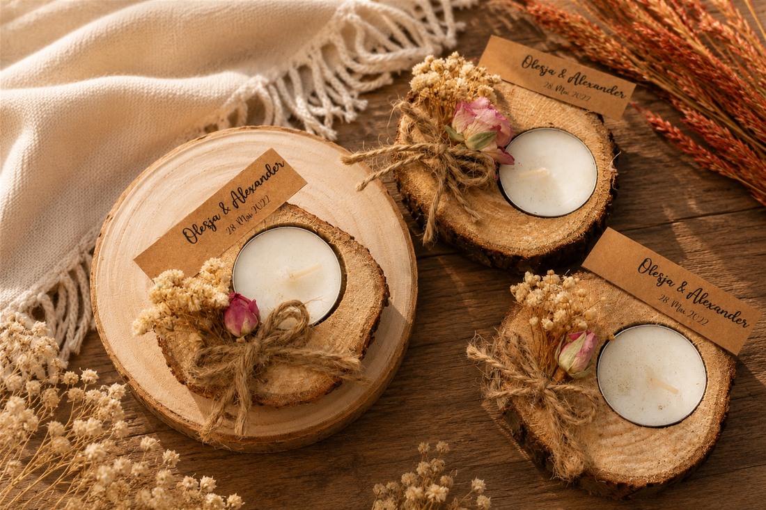 Personalisierte Kerze auf Holzscheibe mit Trockenblumen, Juteband und Rosenknospe