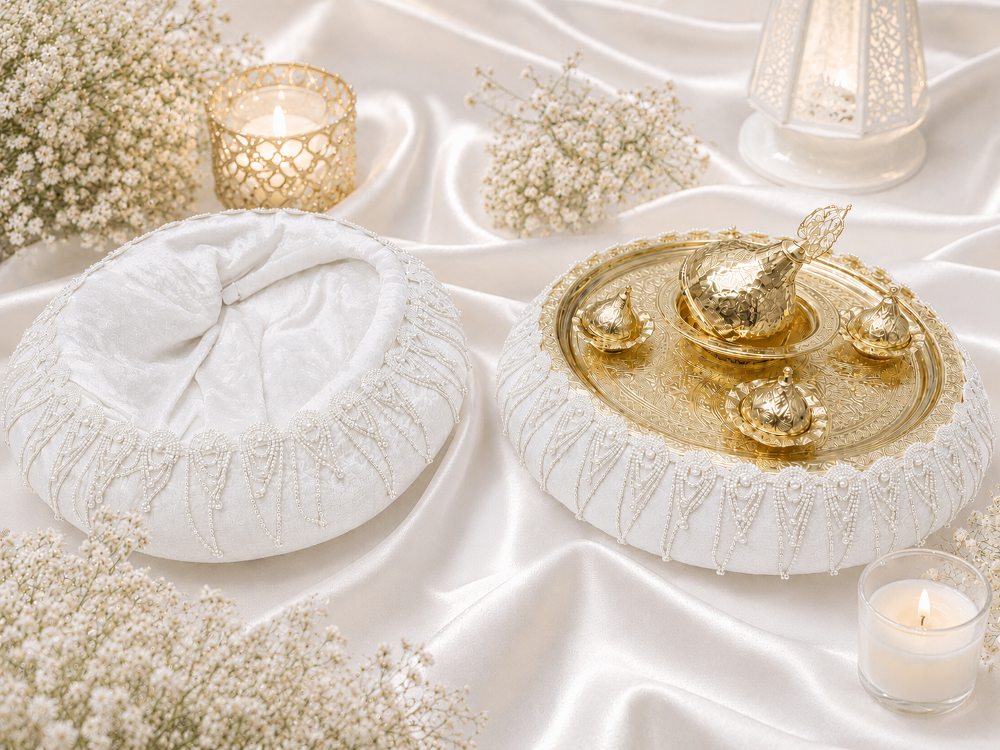 Bordeauxrotes Henna Tablett Set mit Strassbordüre &amp; goldfarbenen Behältern