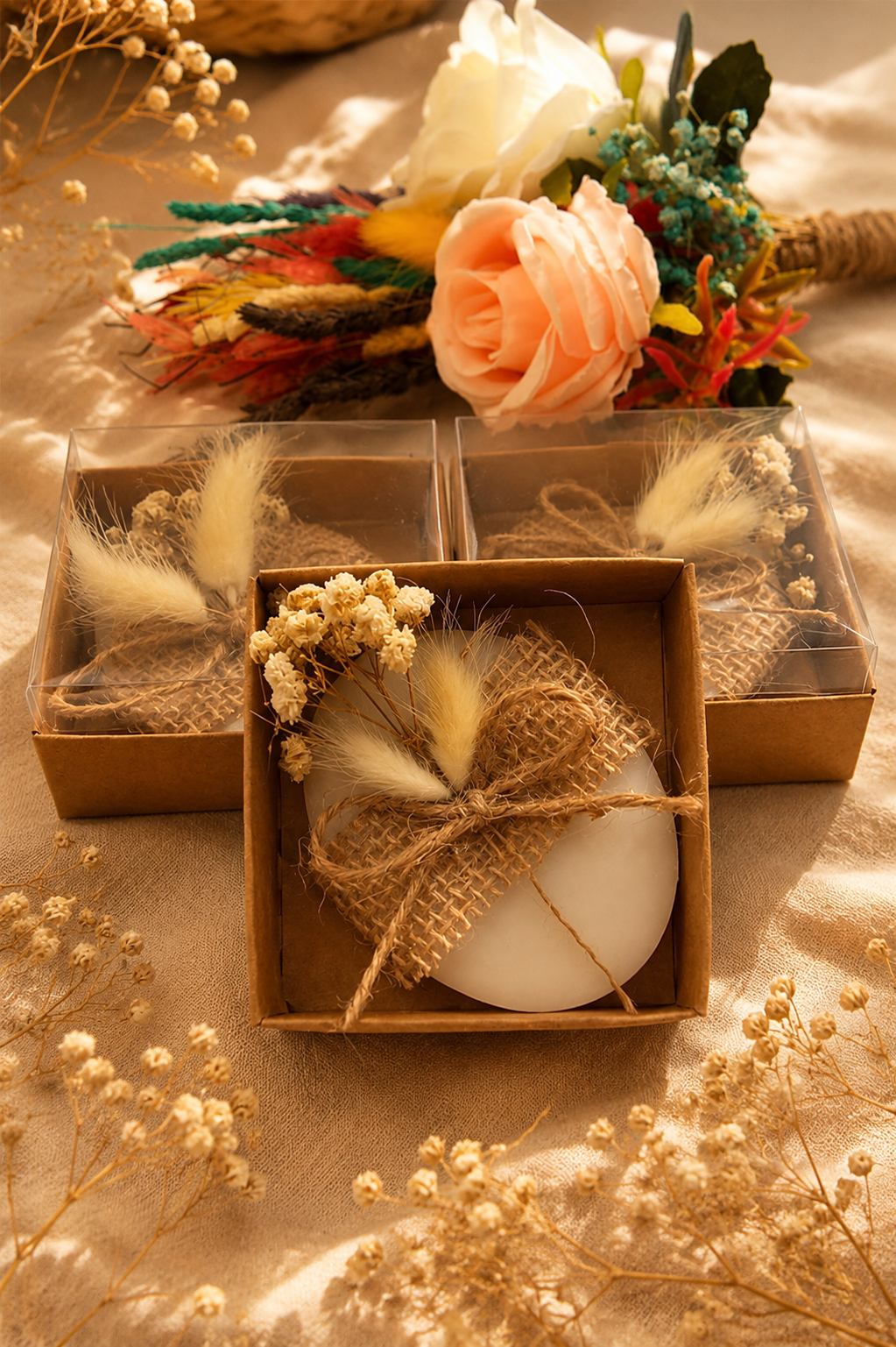 Ovale Lavendelseife in Kraftpapierbox mit Juteband und Trockenblumen
