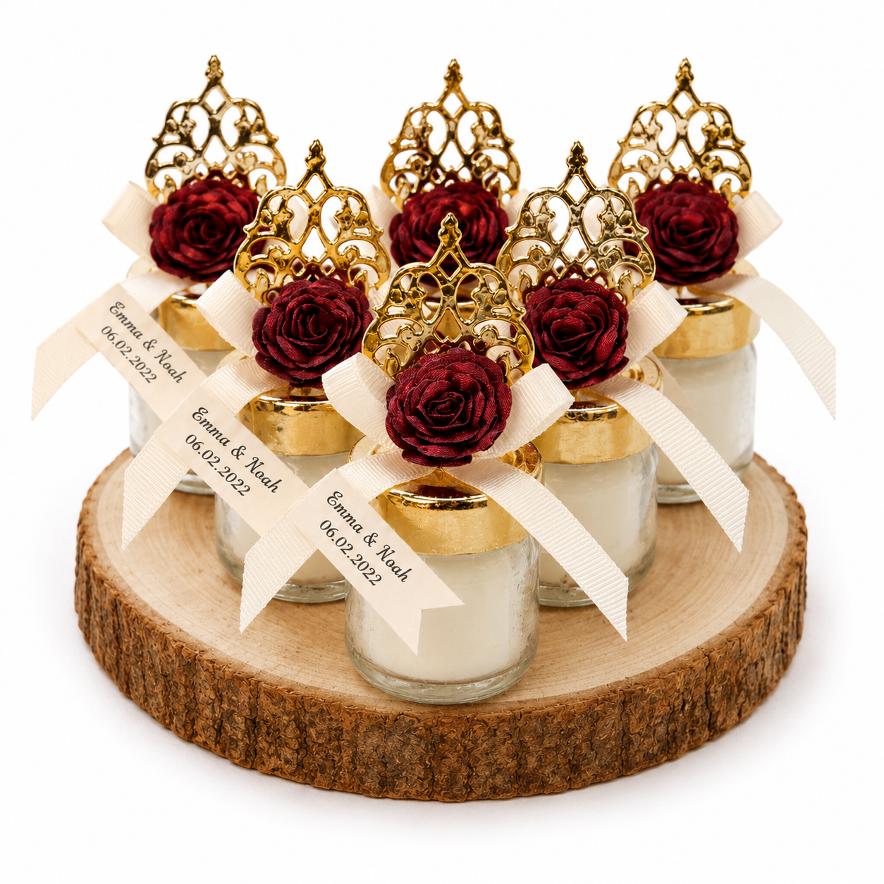 Personalisierte Kerze im Mini Glas mit goldfarbenem Deckel und roter Rose