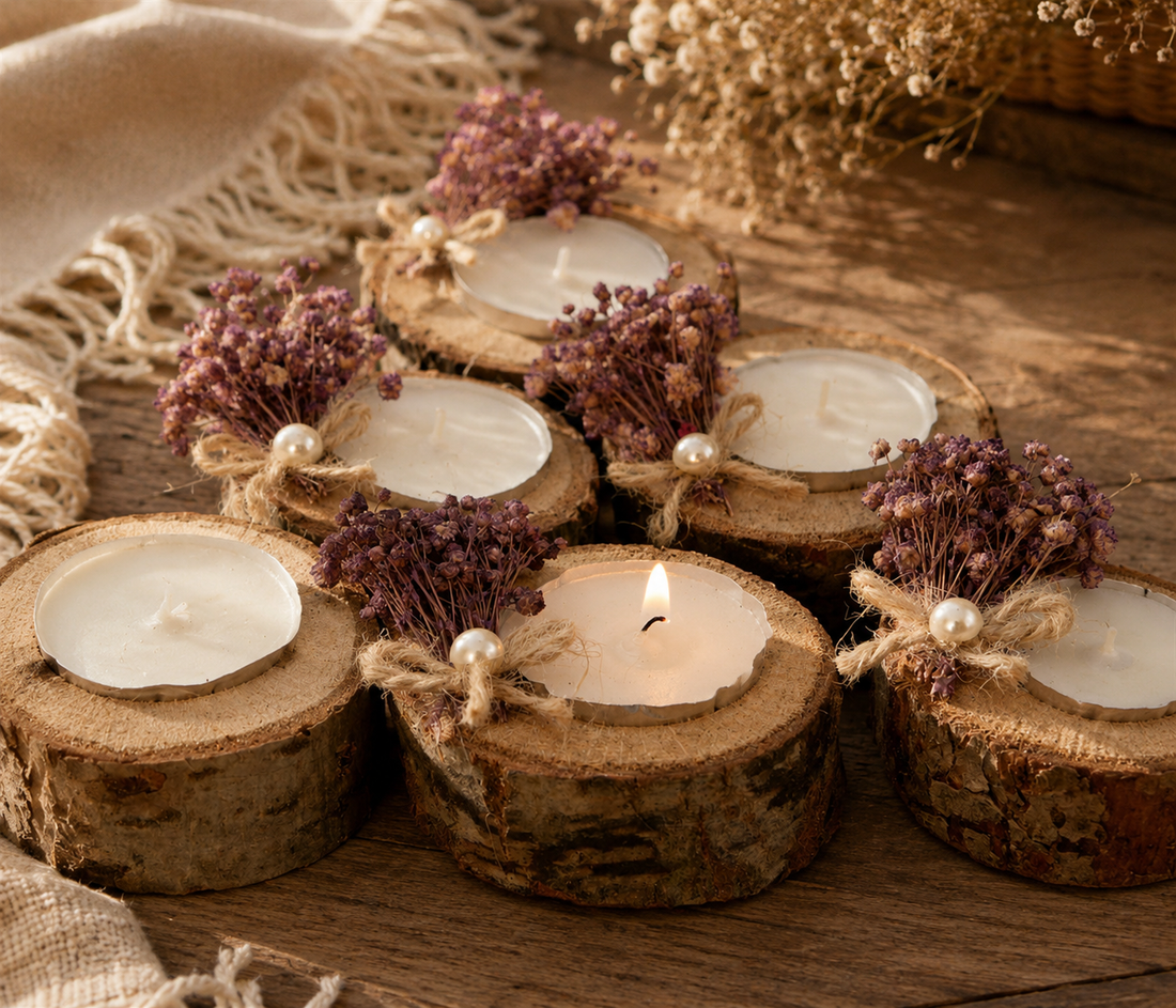 Kleine Kerze in natürlicher Holzscheibe mit lila Trockenblumen und Perle