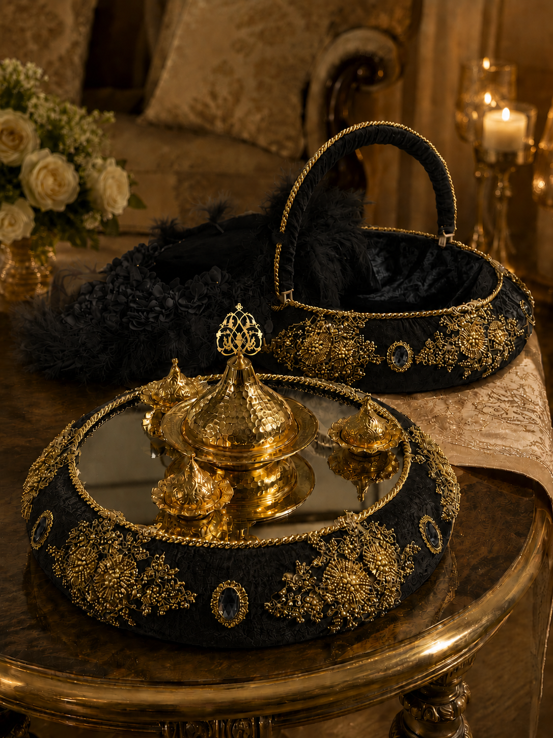 3-teiliges Henna Set mit Tablett, Korb und Braut-Tamburin in Creme Gold