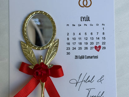 Gastgeschenk Set Metallspiegel mit roter Schleife & Karte – 50 Stück