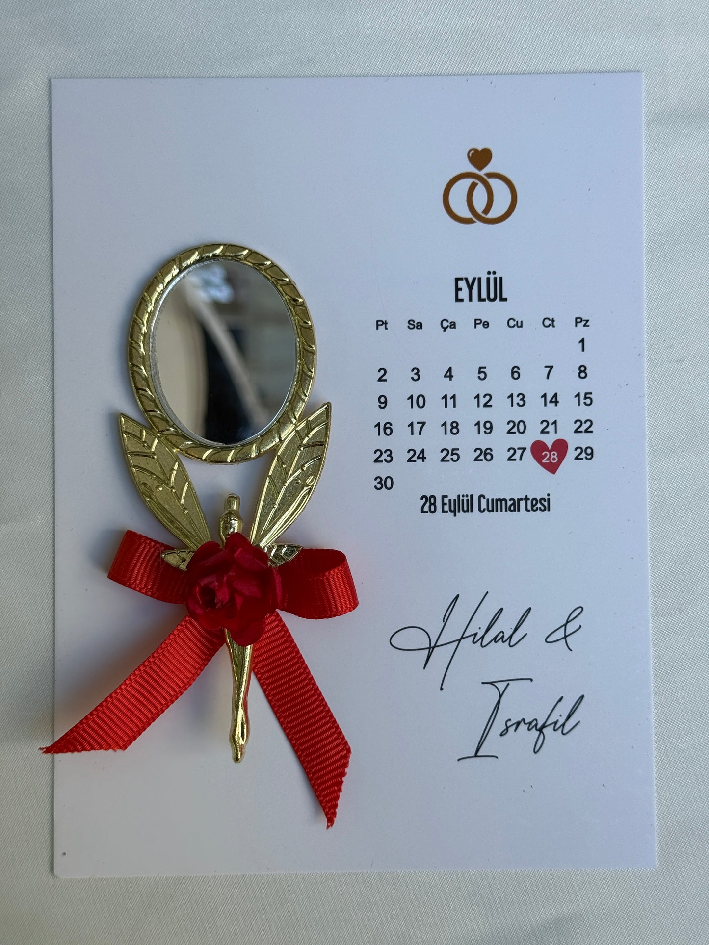 Gastgeschenk Set Metallspiegel mit roter Schleife & Karte – 50 Stück
