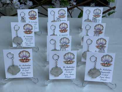 Gastgeschenk Set Epoxidharz-Muschelschlüsselanhänger mit Karte (für 50 Gäste)