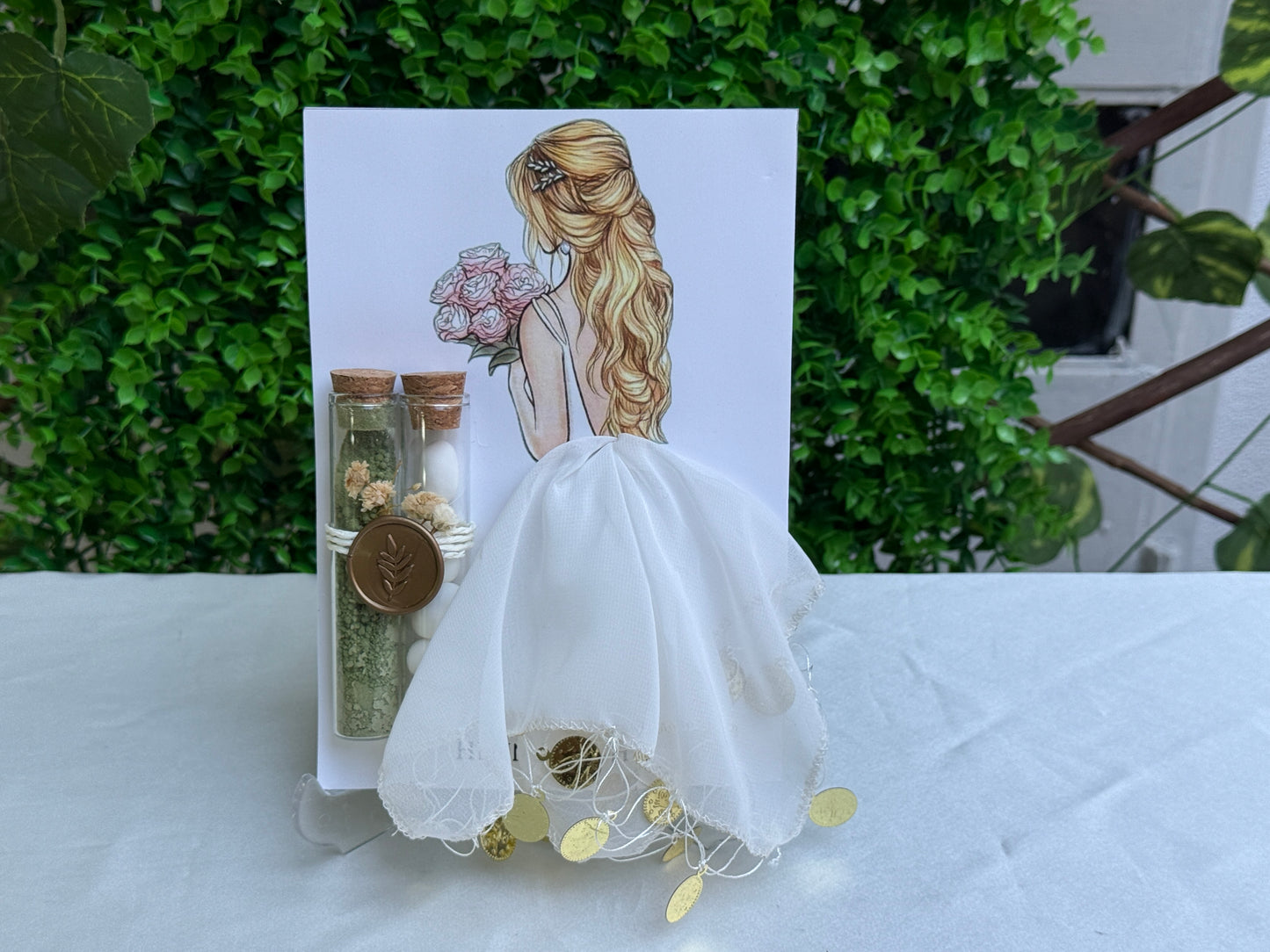Gastgeschenk Set mit 2 Glasröhrchen (Henna & Mandeln), Siegel und weißem Halay‑Tuch (für 50 Gäste)