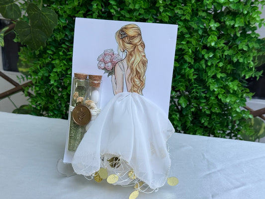Gastgeschenk Set mit 2 Glasröhrchen (Henna & Mandeln), Siegel und weißem Halay‑Tuch (für 50 Gäste)