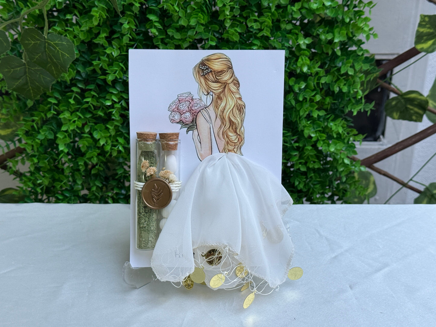 Gastgeschenk Set mit 2 Glasröhrchen (Henna & Mandeln), Siegel und weißem Halay‑Tuch (für 50 Gäste)