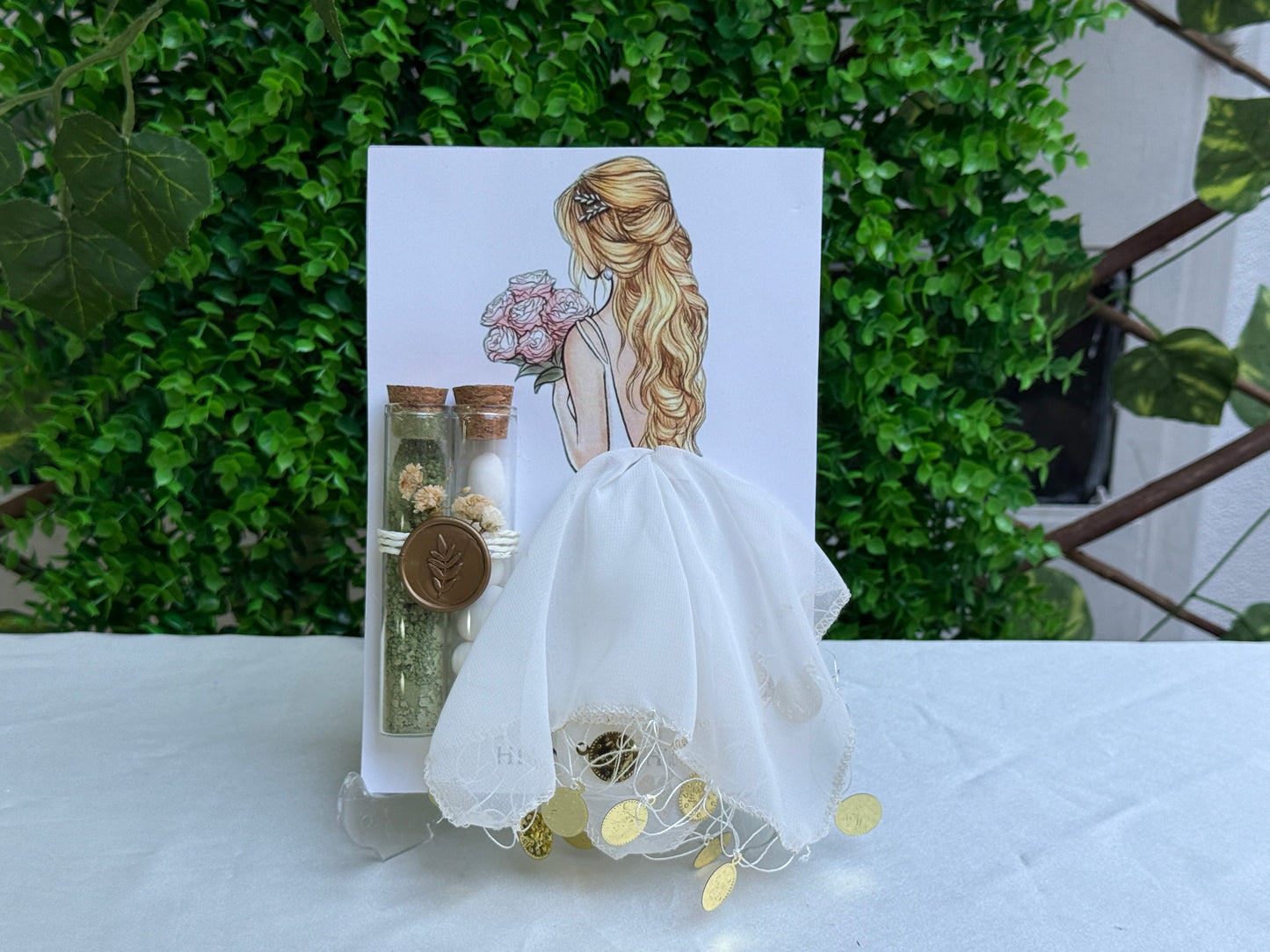Gastgeschenk Set mit 2 Glasröhrchen (Henna & Mandeln), Siegel und weißem Halay‑Tuch (für 50 Gäste)